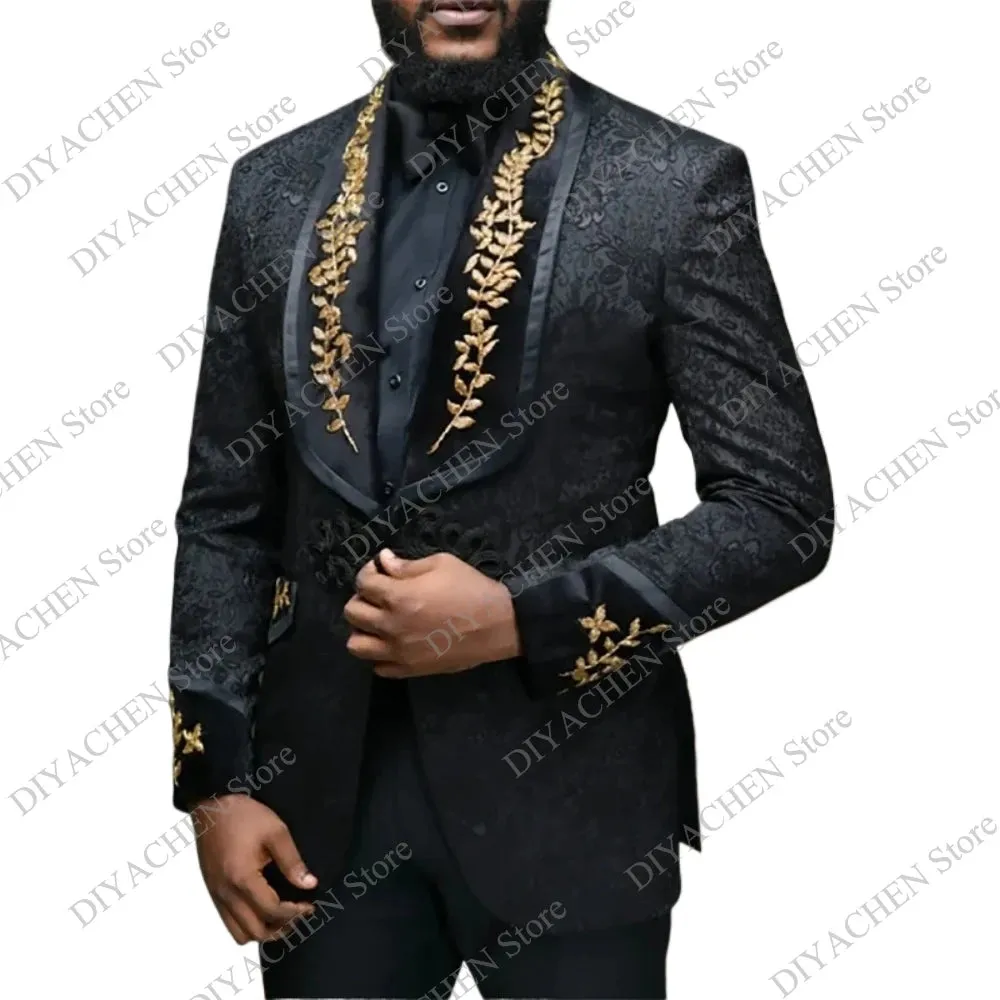 Wiaofellas  -  Black Jacquard Men Suits Two Piece (Blazer Trousers) Luxury Golden Embroidery Shawl Lapel Suit Slim Party Wedding Groom Tuxedo