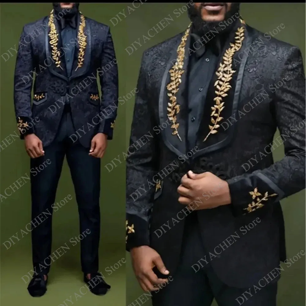 Wiaofellas  -  Black Jacquard Men Suits Two Piece (Blazer Trousers) Luxury Golden Embroidery Shawl Lapel Suit Slim Party Wedding Groom Tuxedo