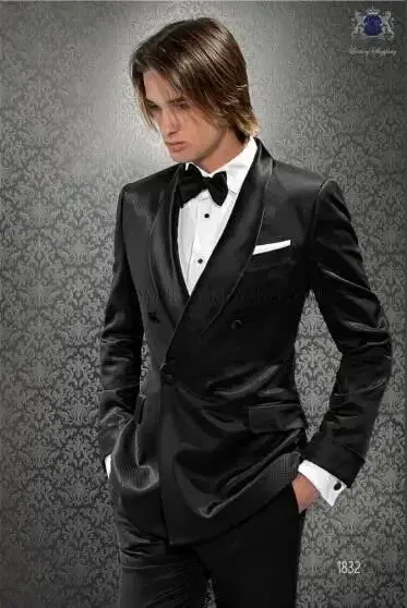 Wiaofellas  -  Italian Black Satin Men Suit Formal Double Breasted Wedding Suits For Men Slim Fit 2 Piece Tuxedo Custom Blazer Terno Masculino