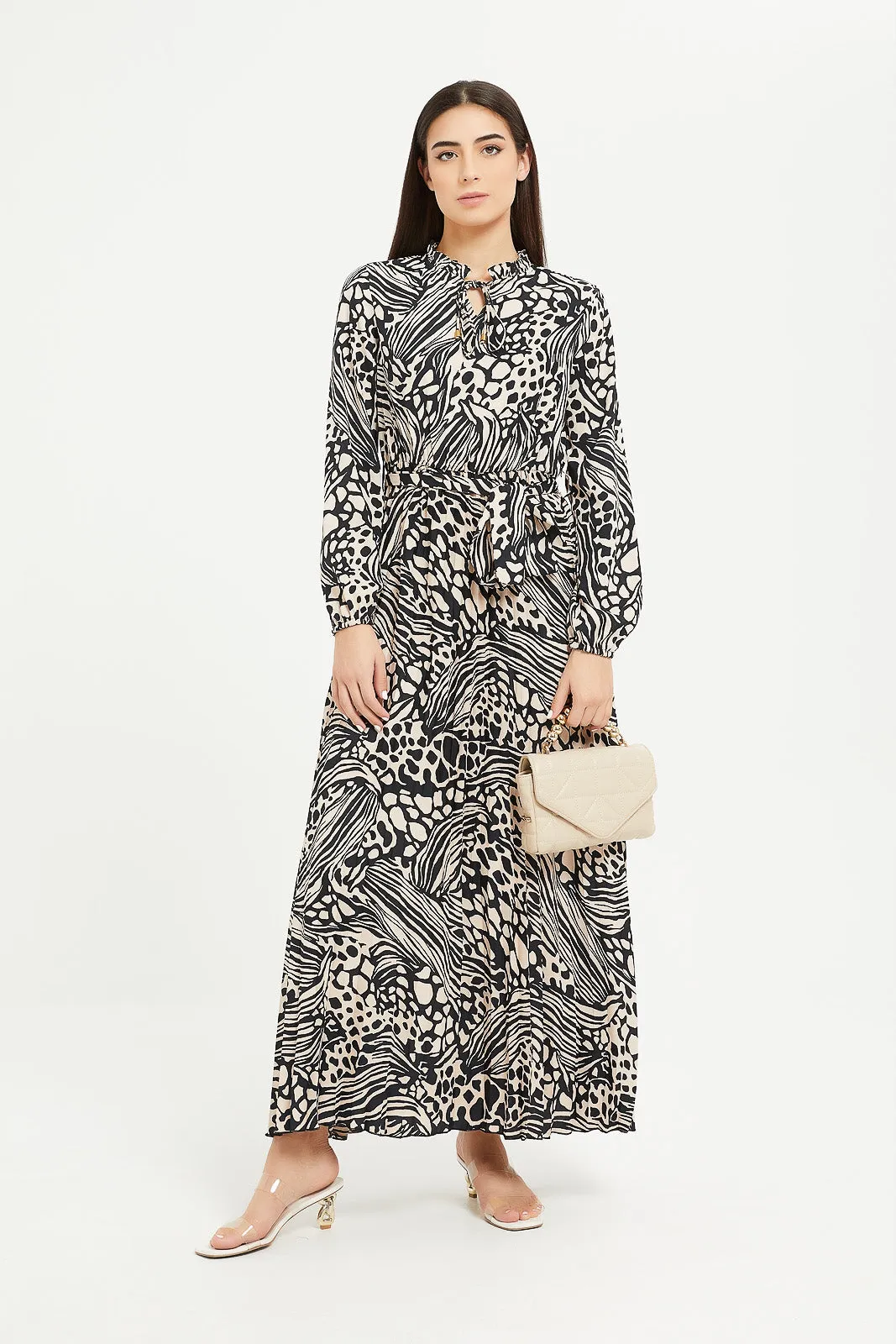 Women Beige And Black Printed Maxi Dress