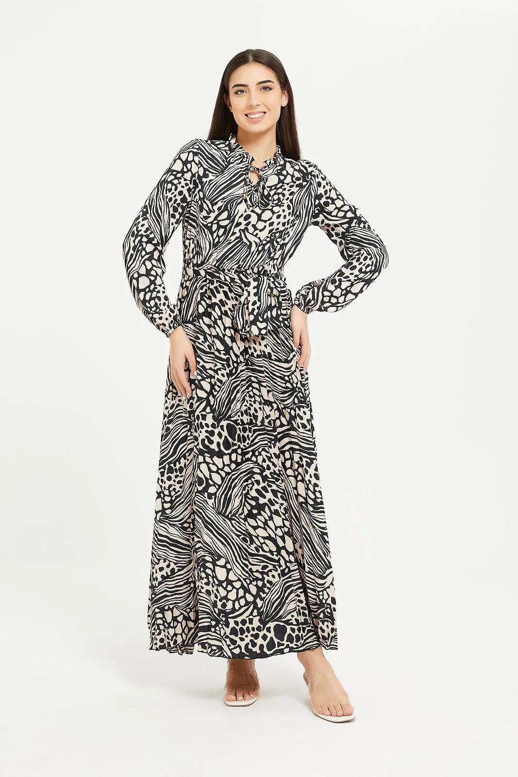 Women Beige And Black Printed Maxi Dress