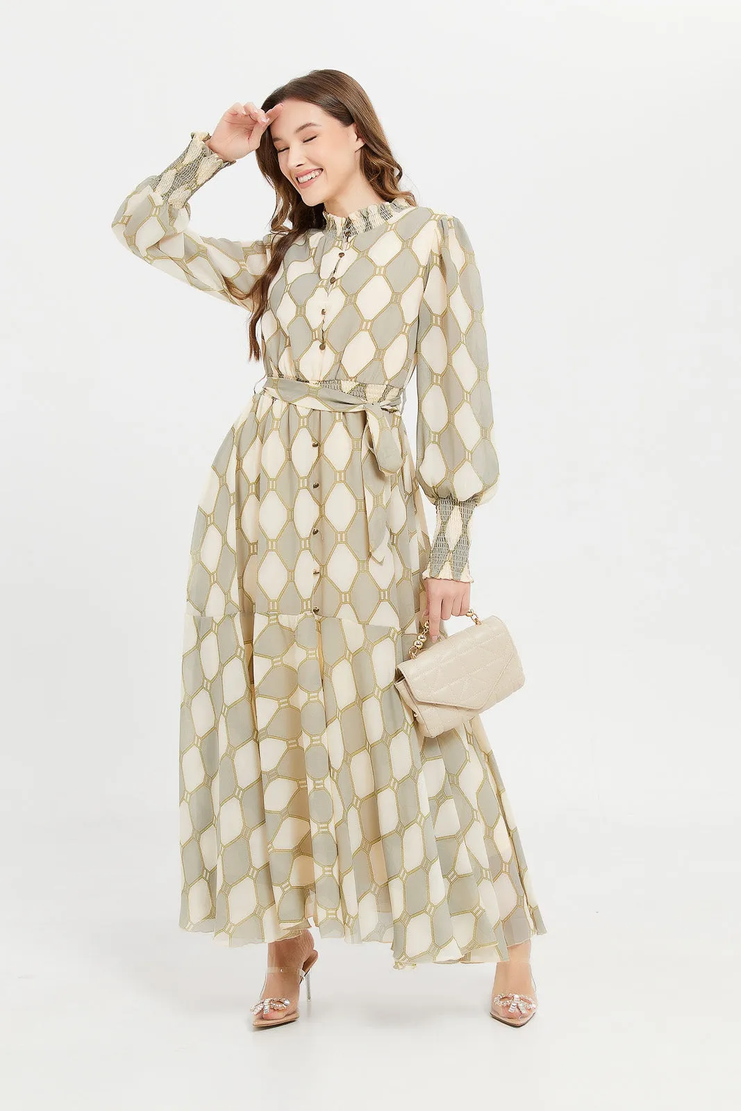 Women Beige Geometric Print High Neck Maxi Dress