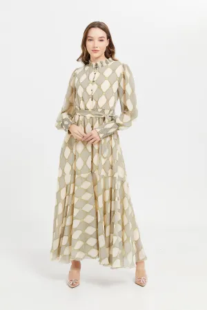 Women Beige Geometric Print High Neck Maxi Dress