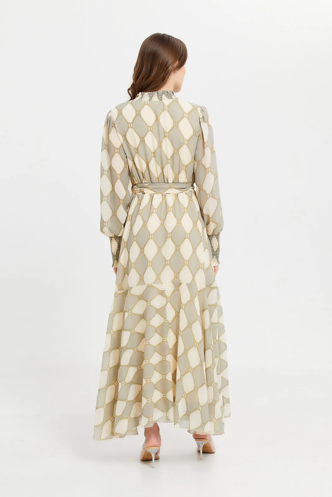 Women Beige Geometric Print High Neck Maxi Dress