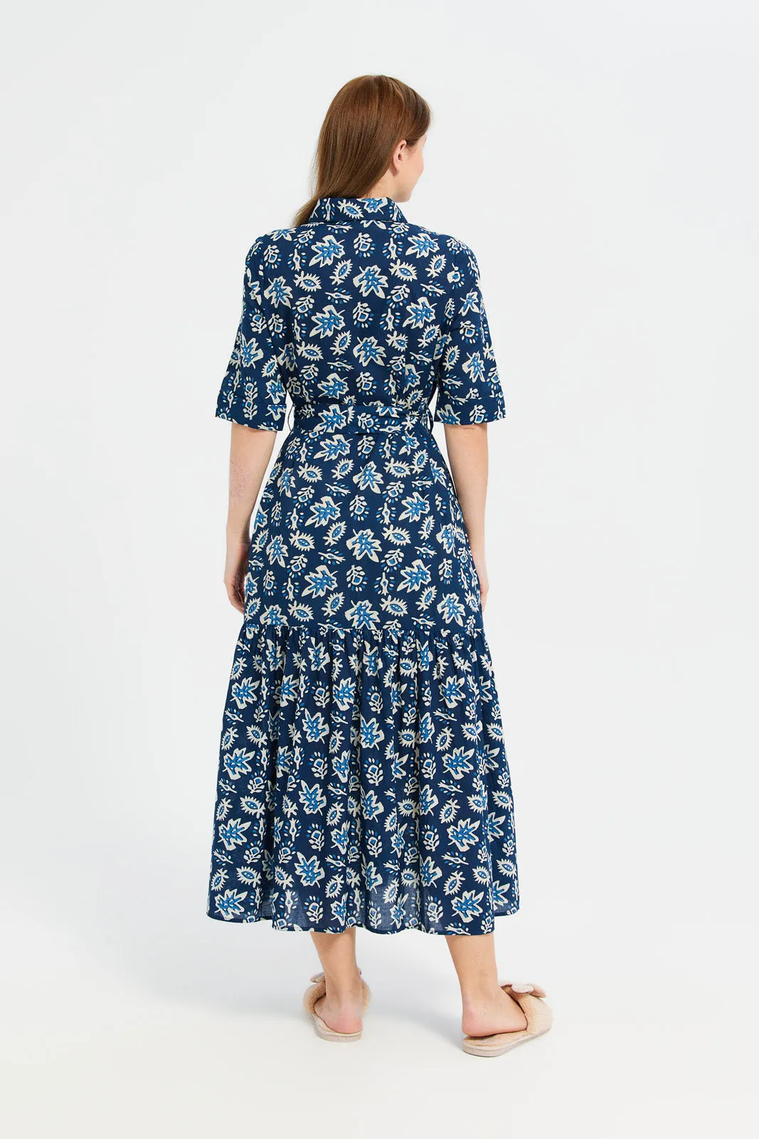 Women Blue Print Shirt Collared Tiered Maxi Dress