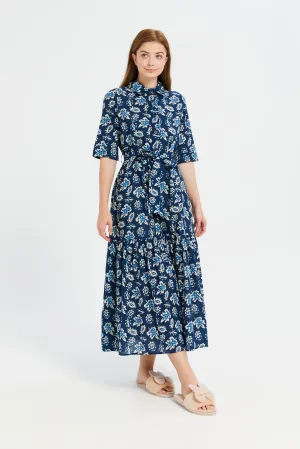 Women Blue Print Shirt Collared Tiered Maxi Dress