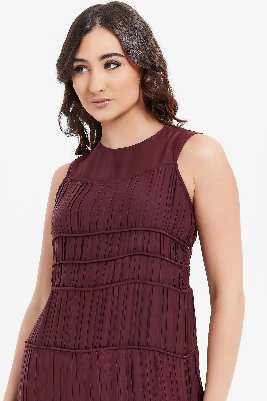 Women Burgundy Pleated Dress