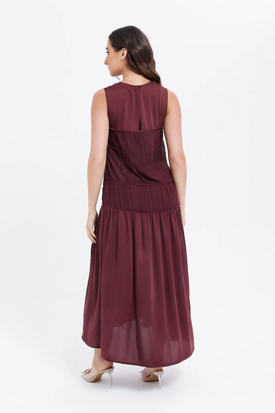 Women Burgundy Pleated Dress