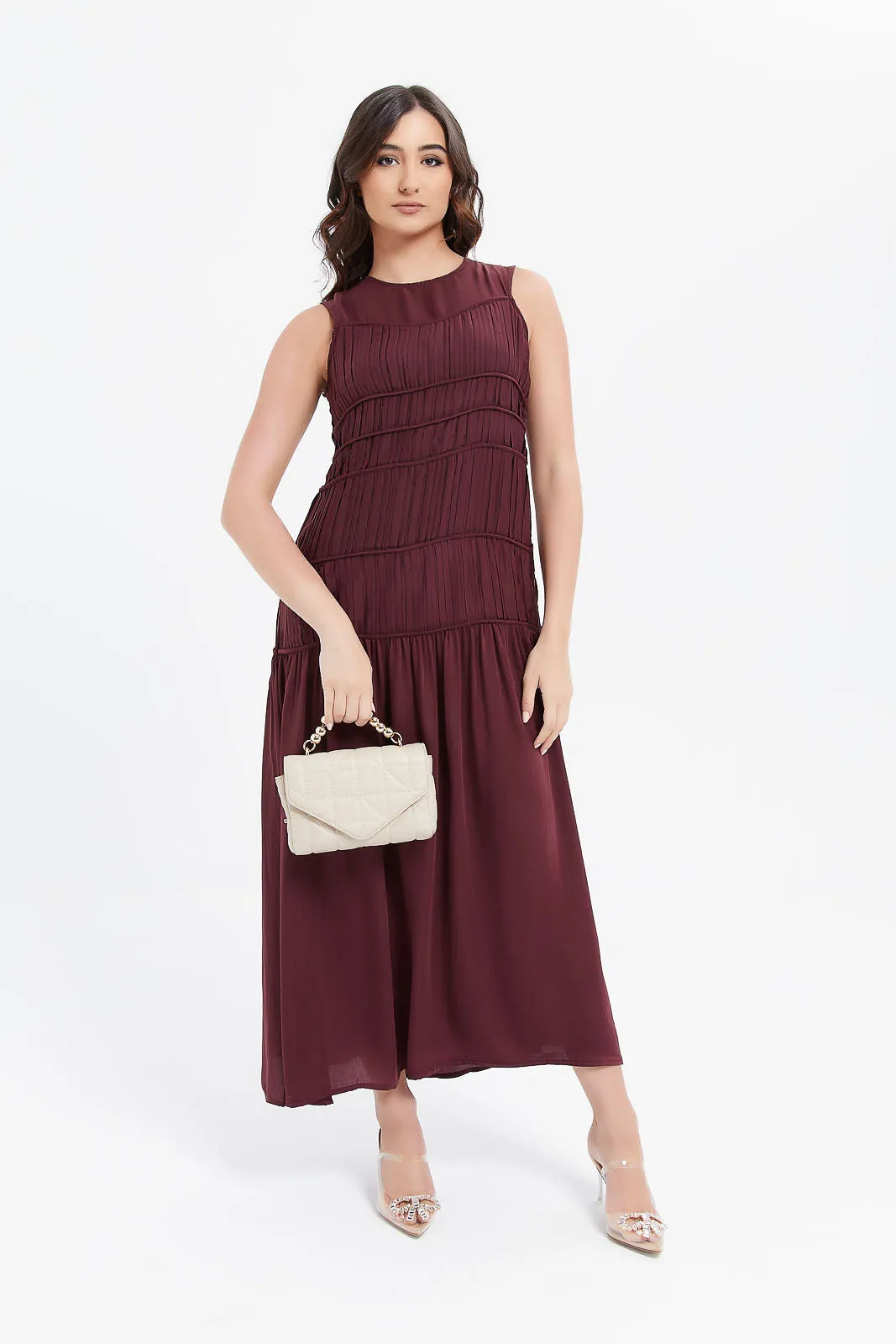 Women Burgundy Pleated Dress