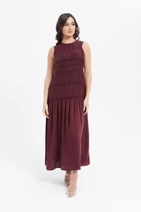 Women Burgundy Pleated Dress