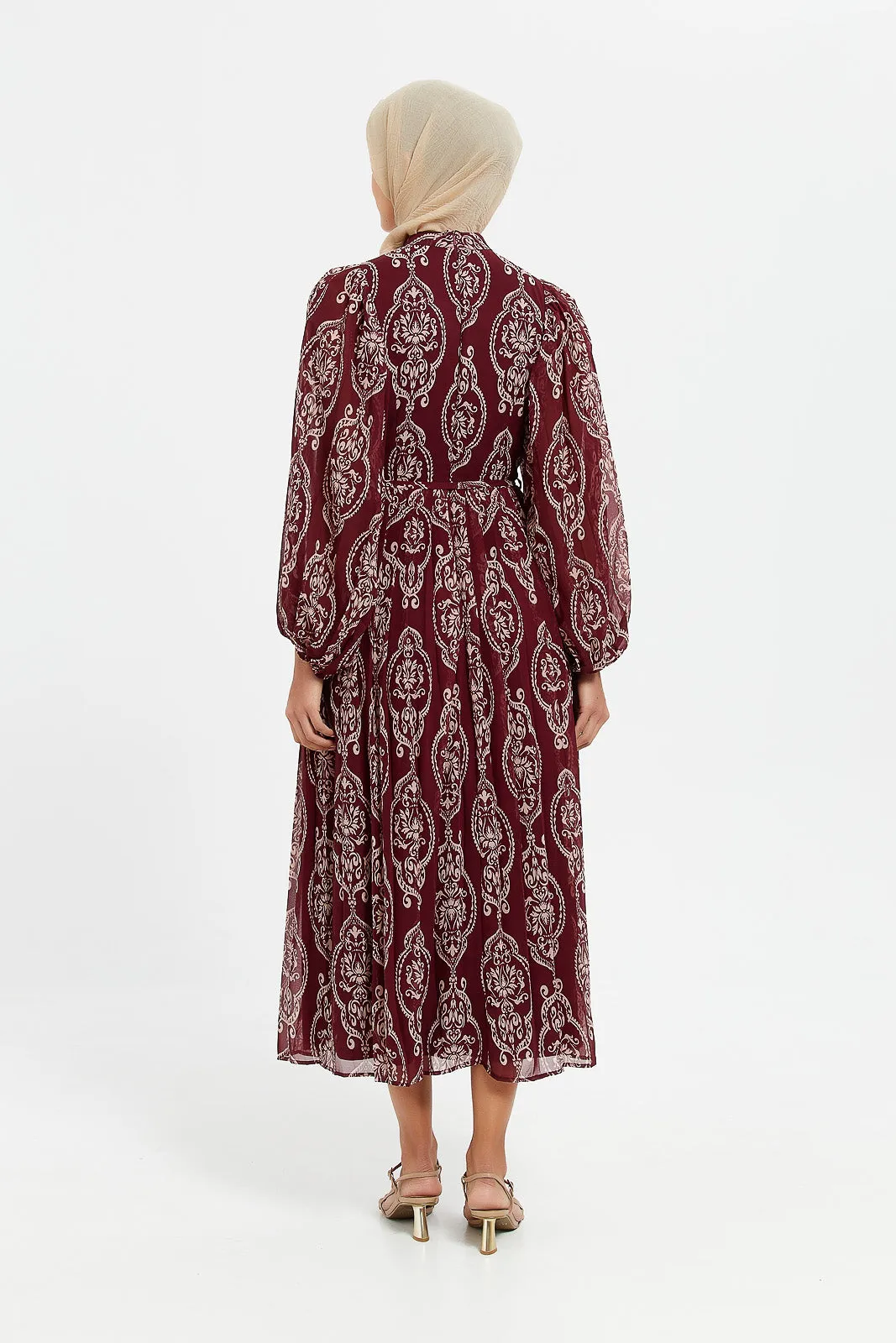 Women Burgundy Printed Pleated Maxi Dress