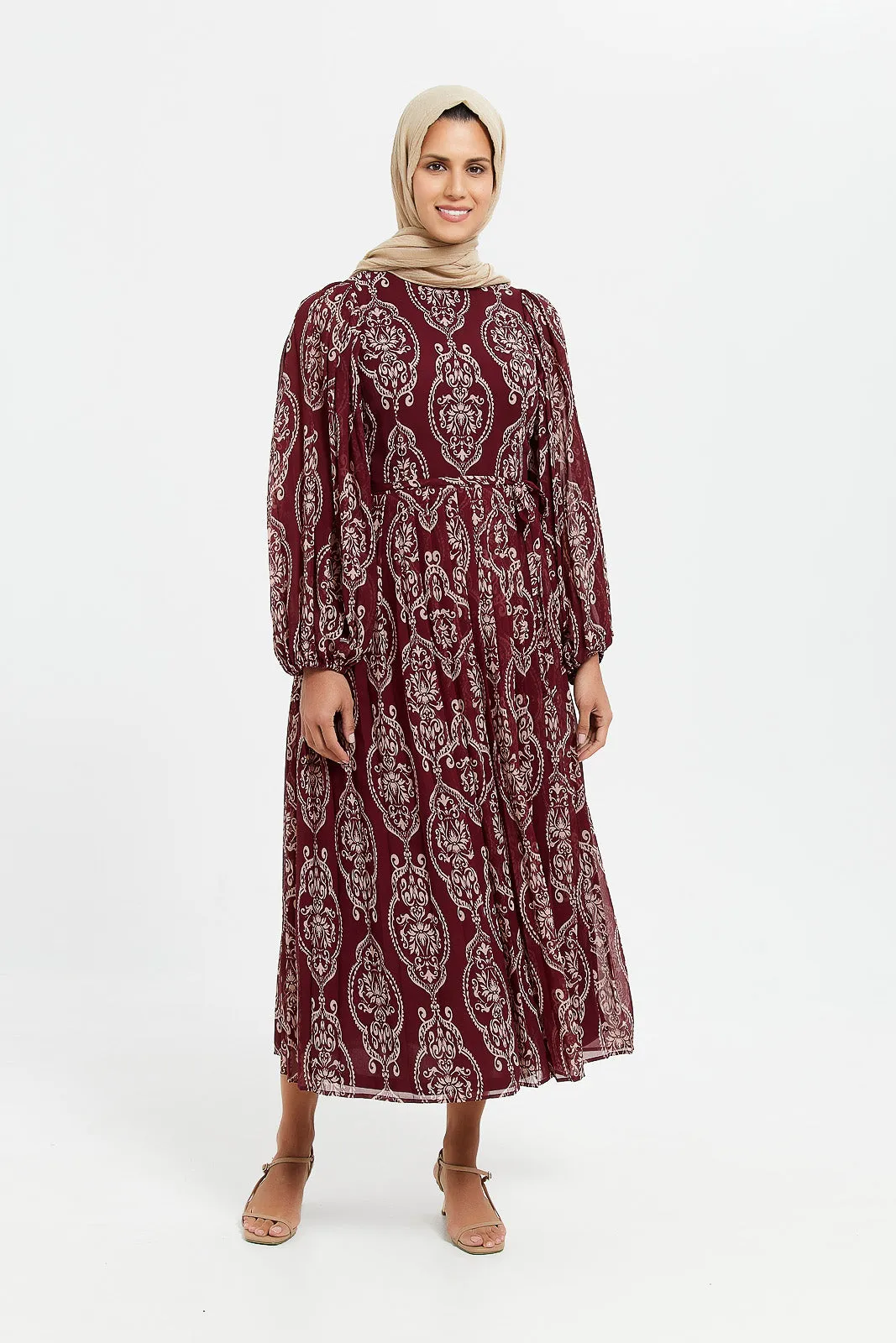 Women Burgundy Printed Pleated Maxi Dress