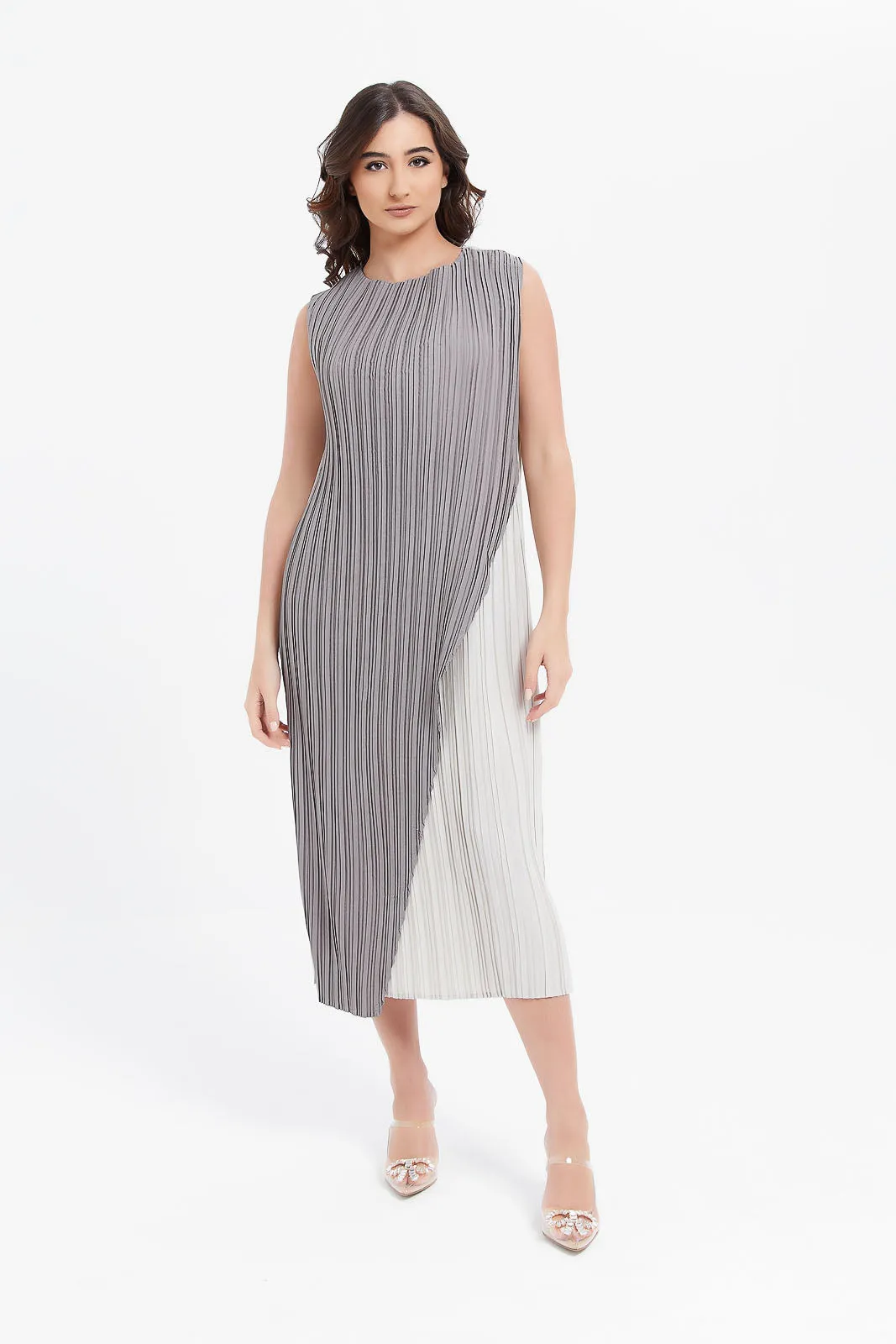 Women Charcoal And Grey Pleated Dress