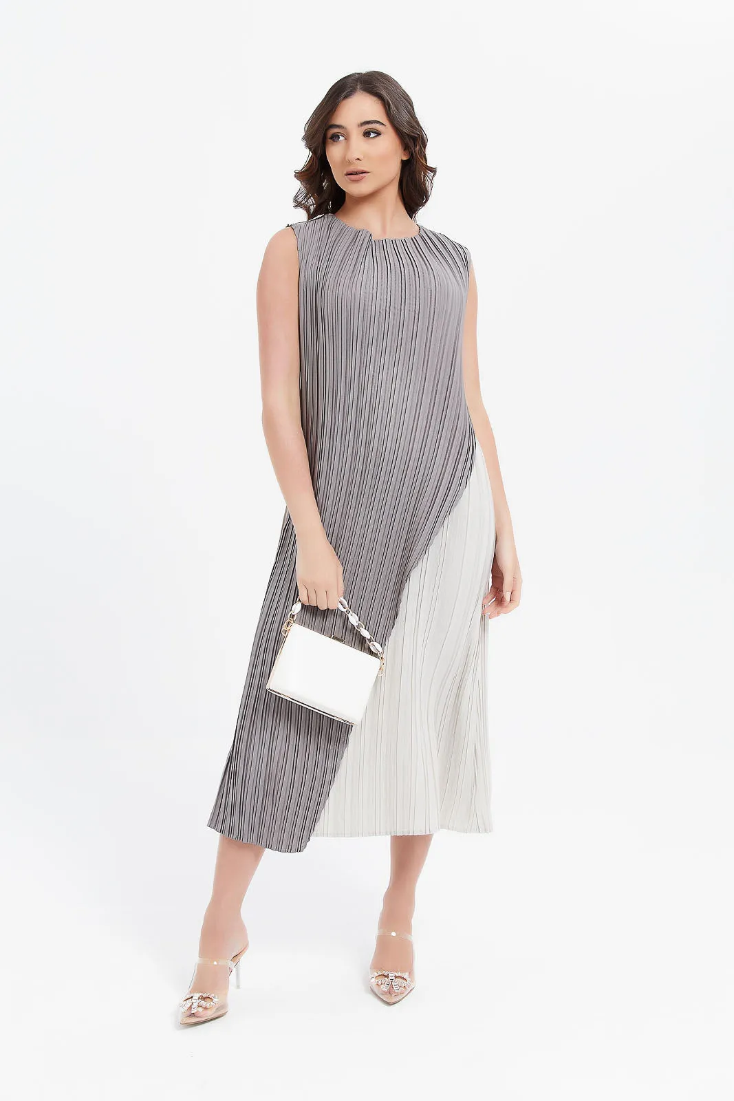 Women Charcoal And Grey Pleated Dress