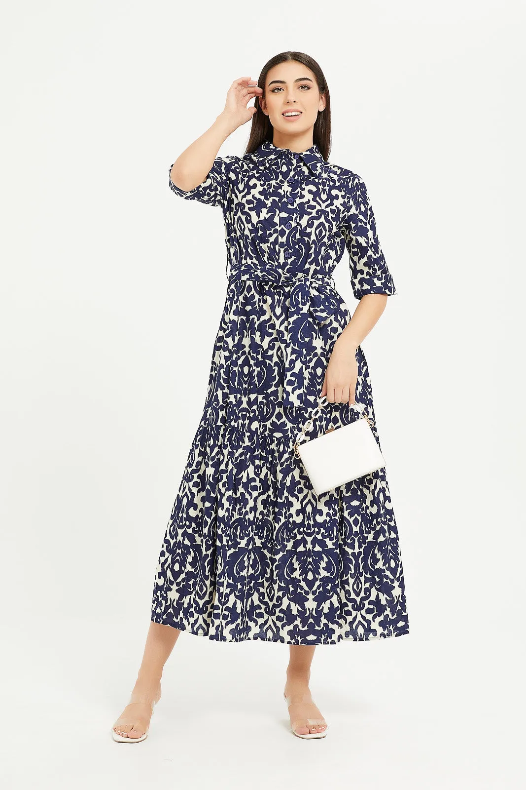 Women Cream And Navy Printed Teared Maxi Dress