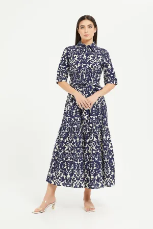 Women Cream And Navy Printed Teared Maxi Dress