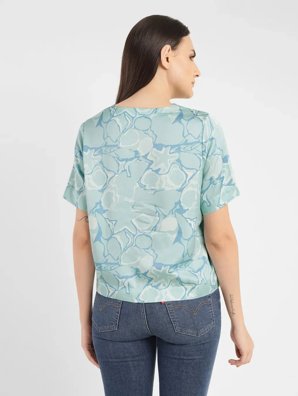 Women's Abstract Blue V Neck Top