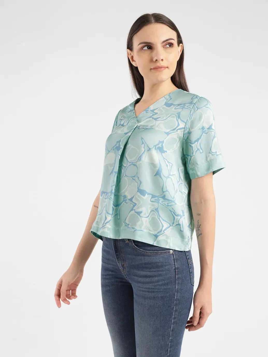 Women's Abstract Blue V Neck Top