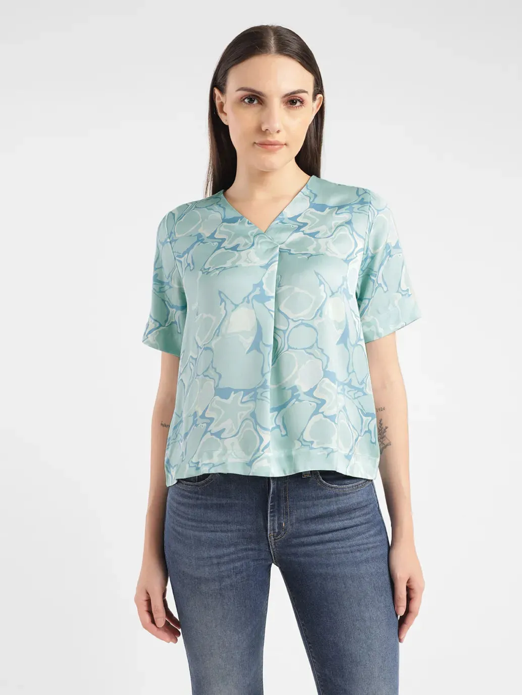 Women's Abstract Blue V Neck Top