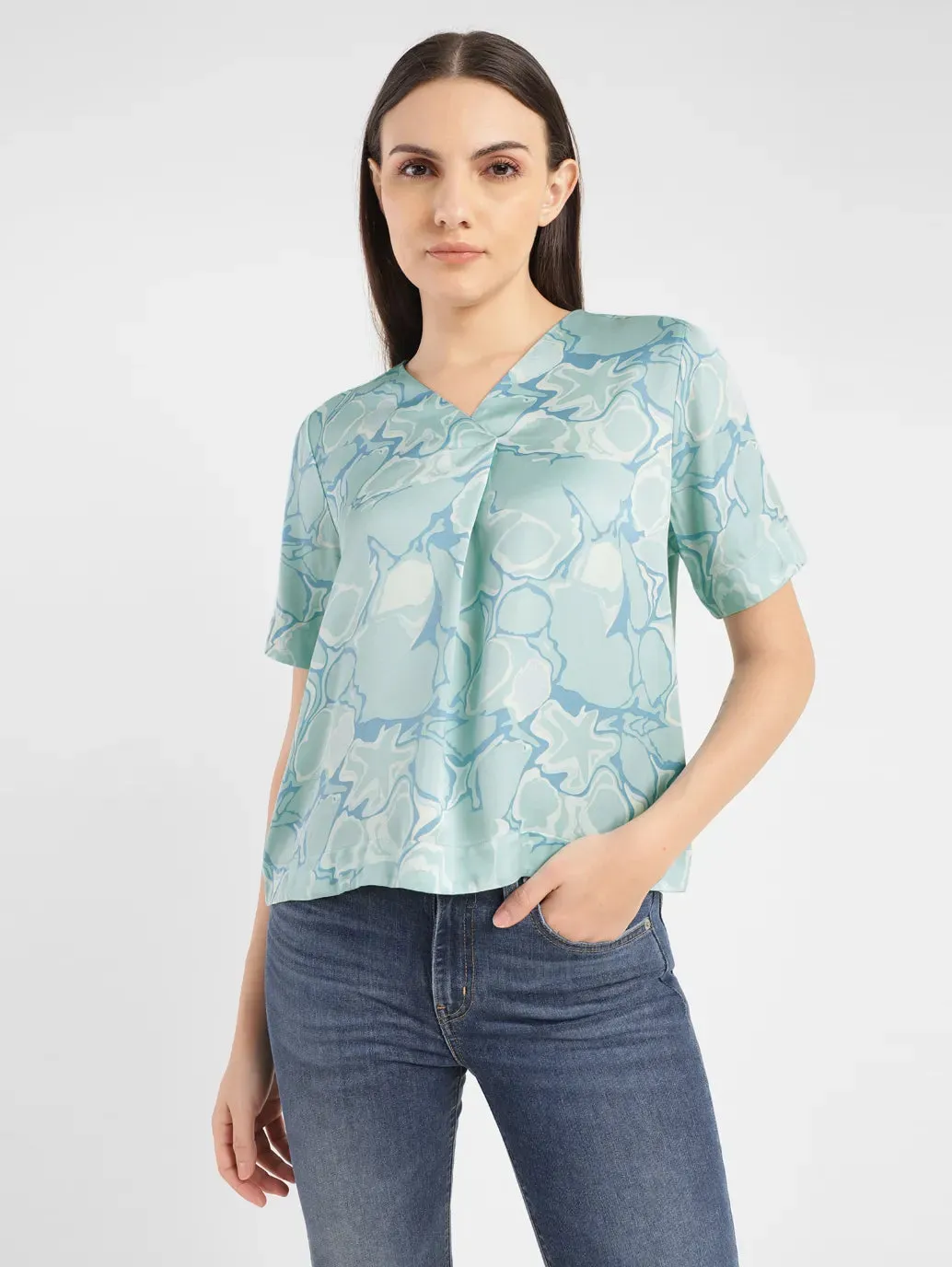 Women's Abstract Blue V Neck Top