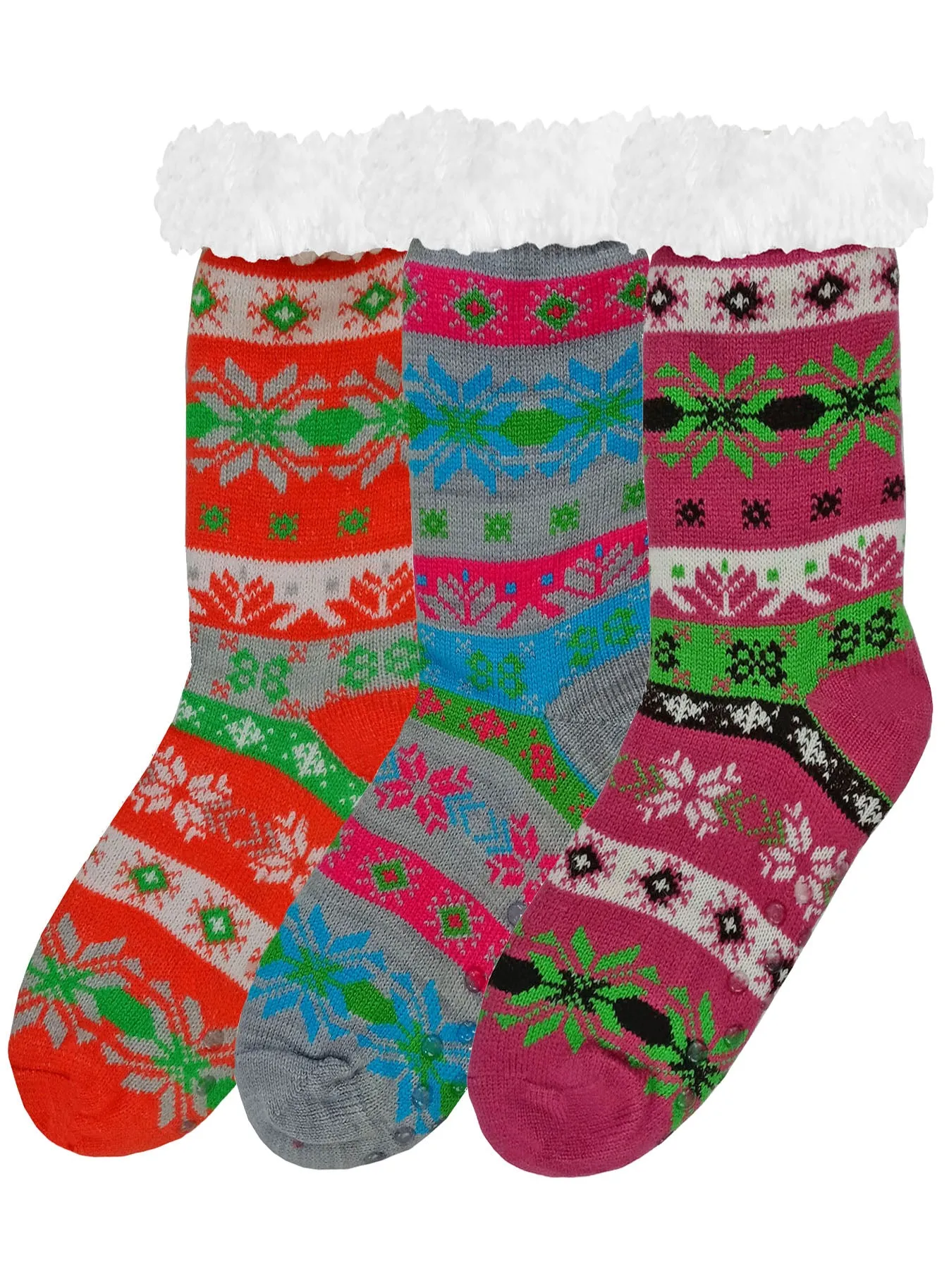 Womens Bright Color Snowflake Print 3-Pack Sherpa Slipper Socks