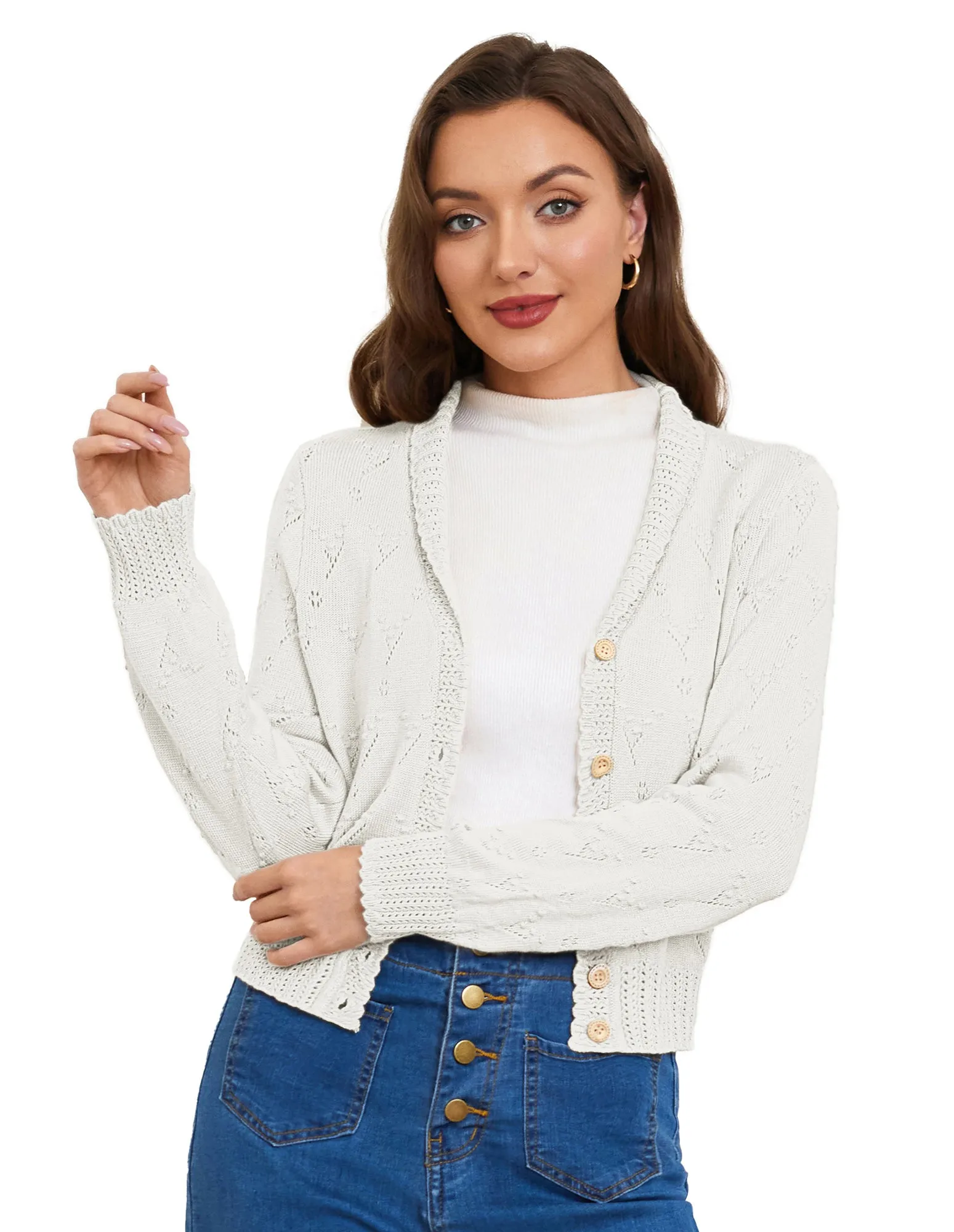 Women's Cropped Cardigan Sweaters Long Sleeve Lightweight Crochet Knit Button Down Cardigan Shrug