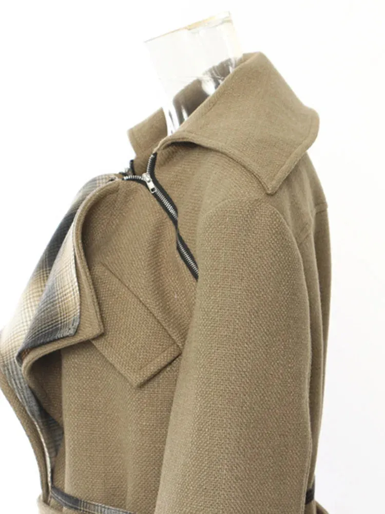 Women's Khaki Woolen Asymmetrical Long Coat