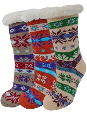 Womens Neutral Color Snowflake Print 3-Pack Sherpa Slipper Socks