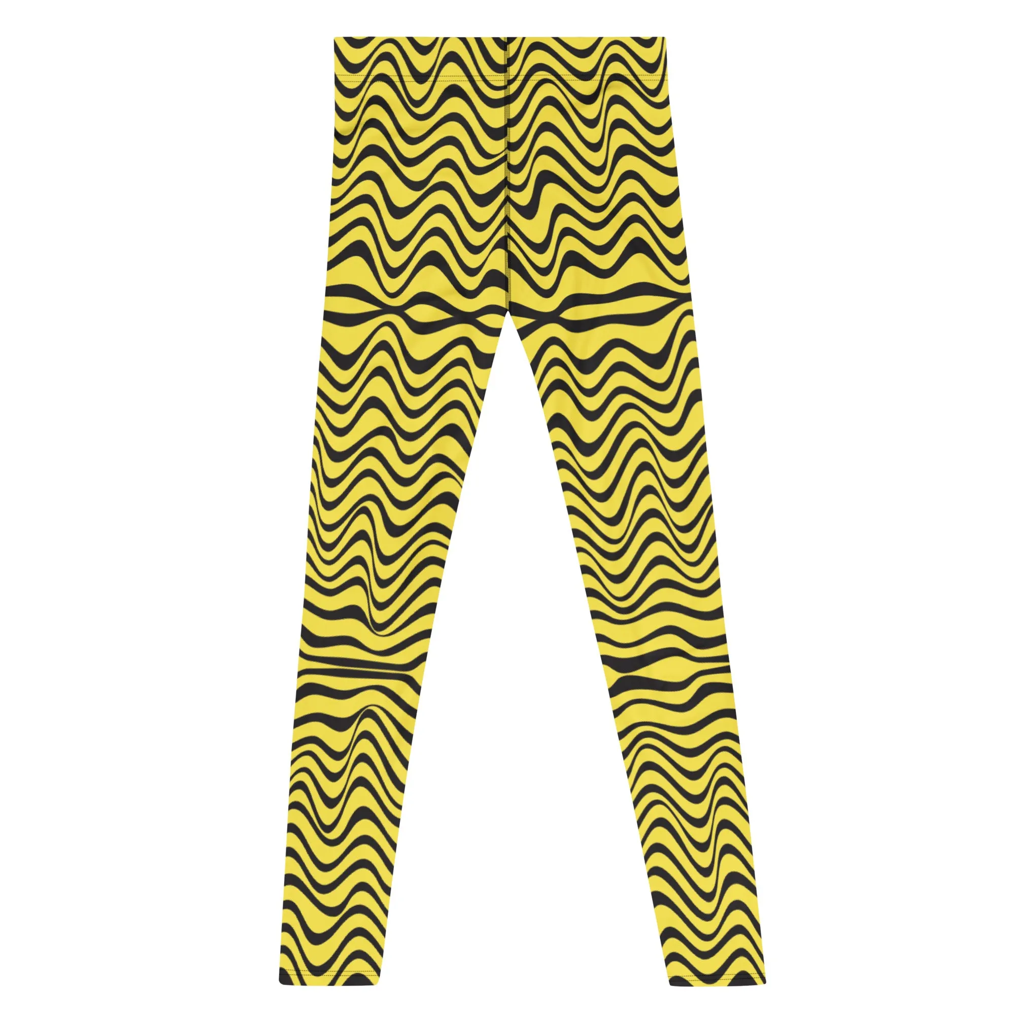 Yellow Wavy Print Men's Leggings, Great Wave Abstract Pattern Yoga Leggings-Made In USA/EU/MX