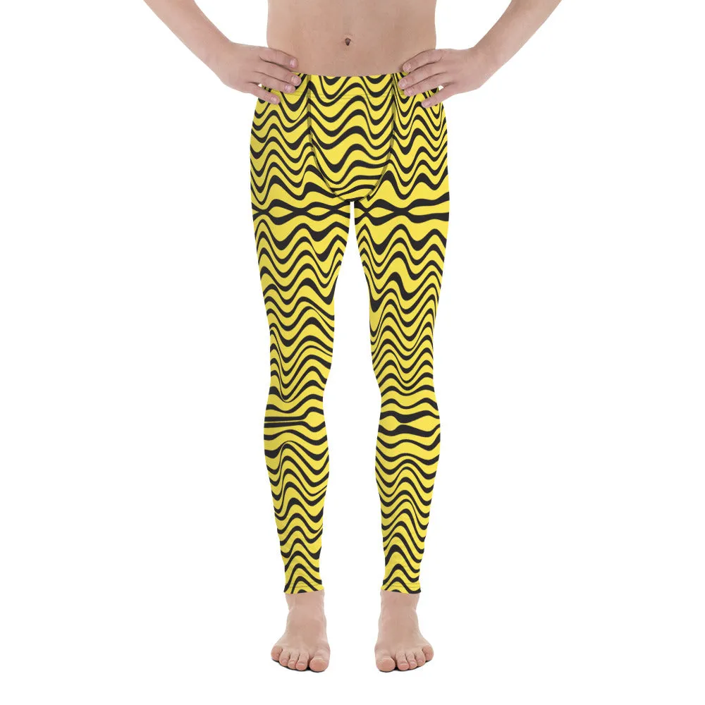 Yellow Wavy Print Men's Leggings, Great Wave Abstract Pattern Yoga Leggings-Made In USA/EU/MX