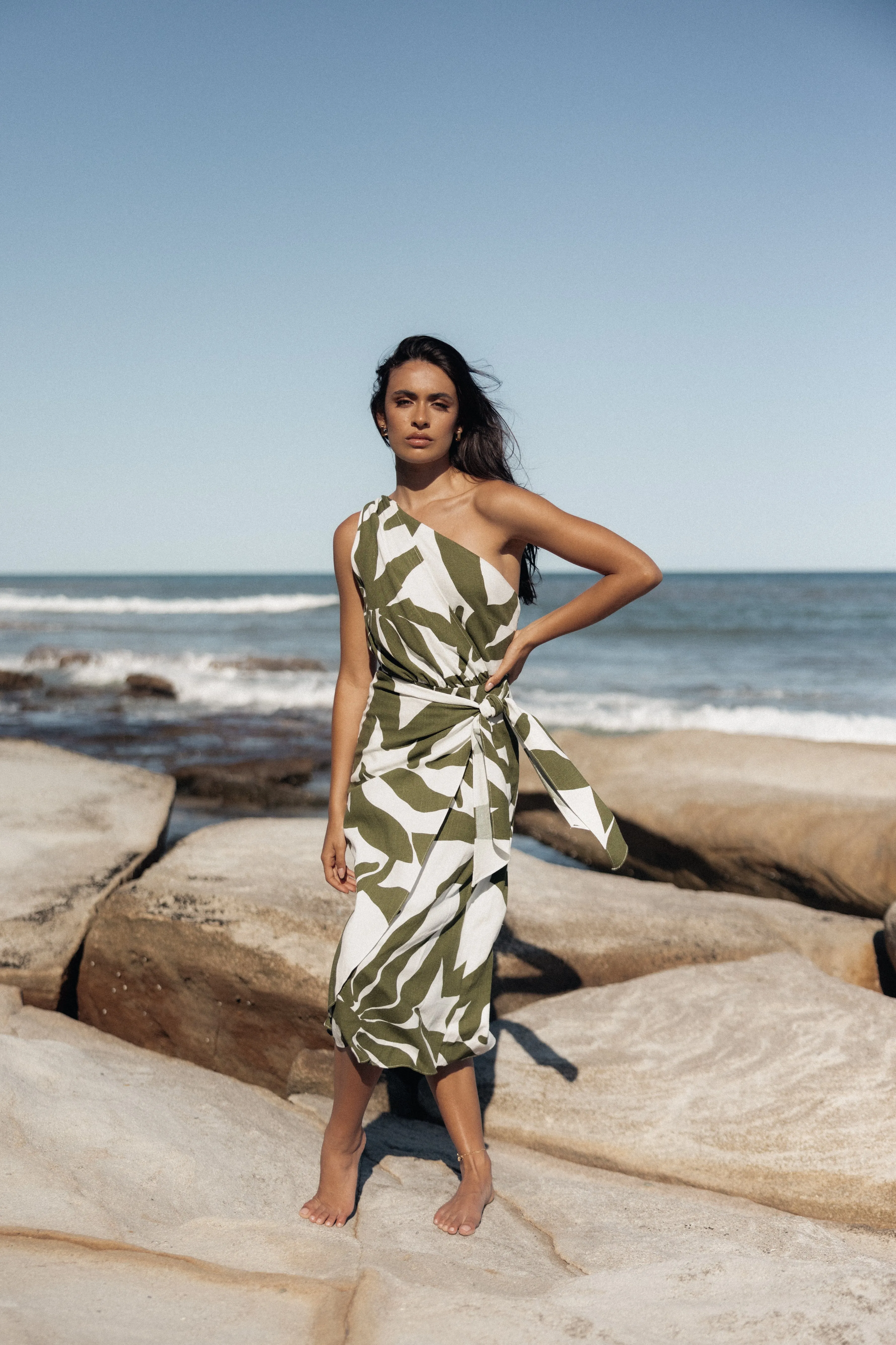 Zara One Shoulder Midi Dress - Olive Palm