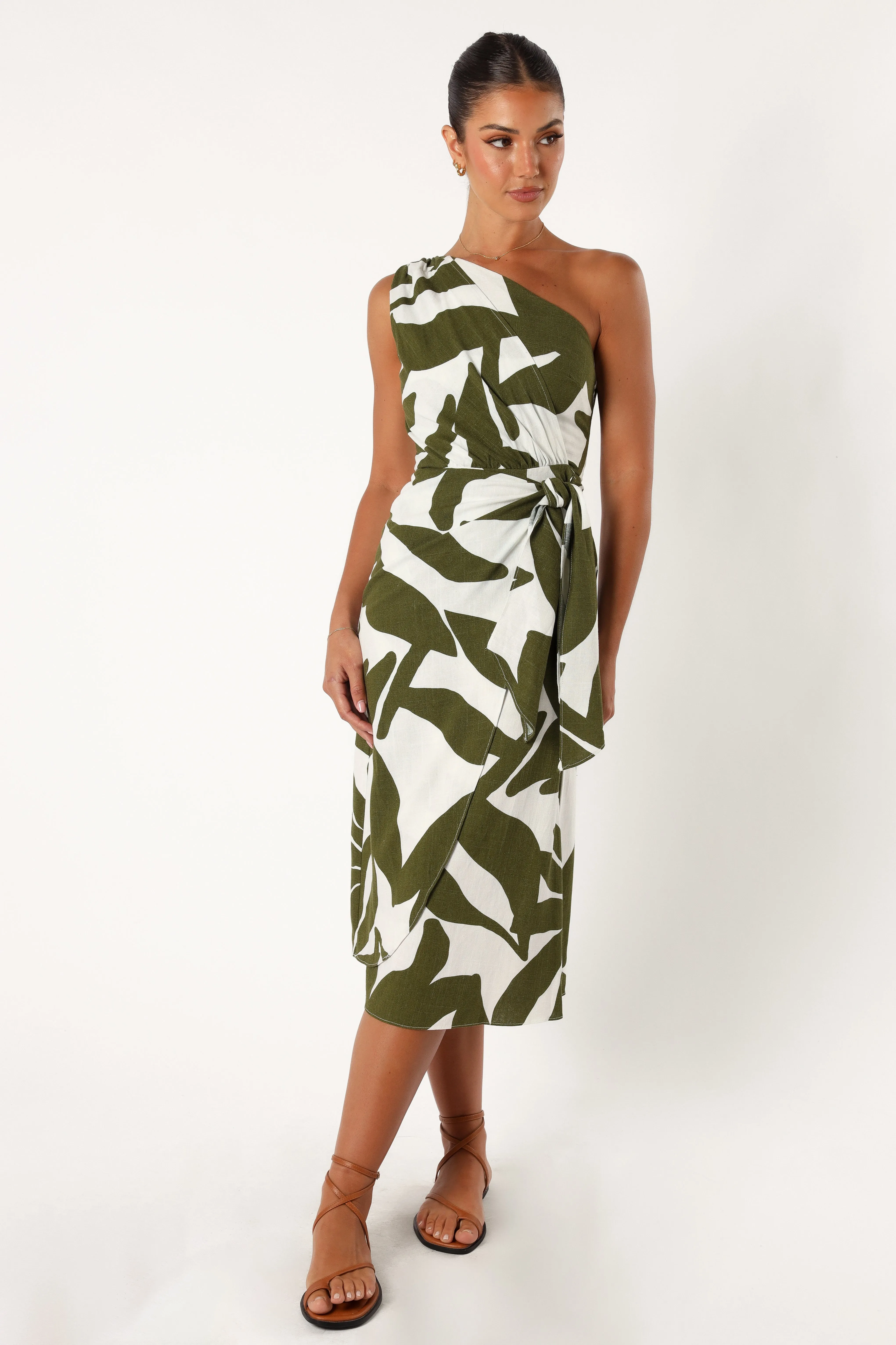 Zara One Shoulder Midi Dress - Olive Palm