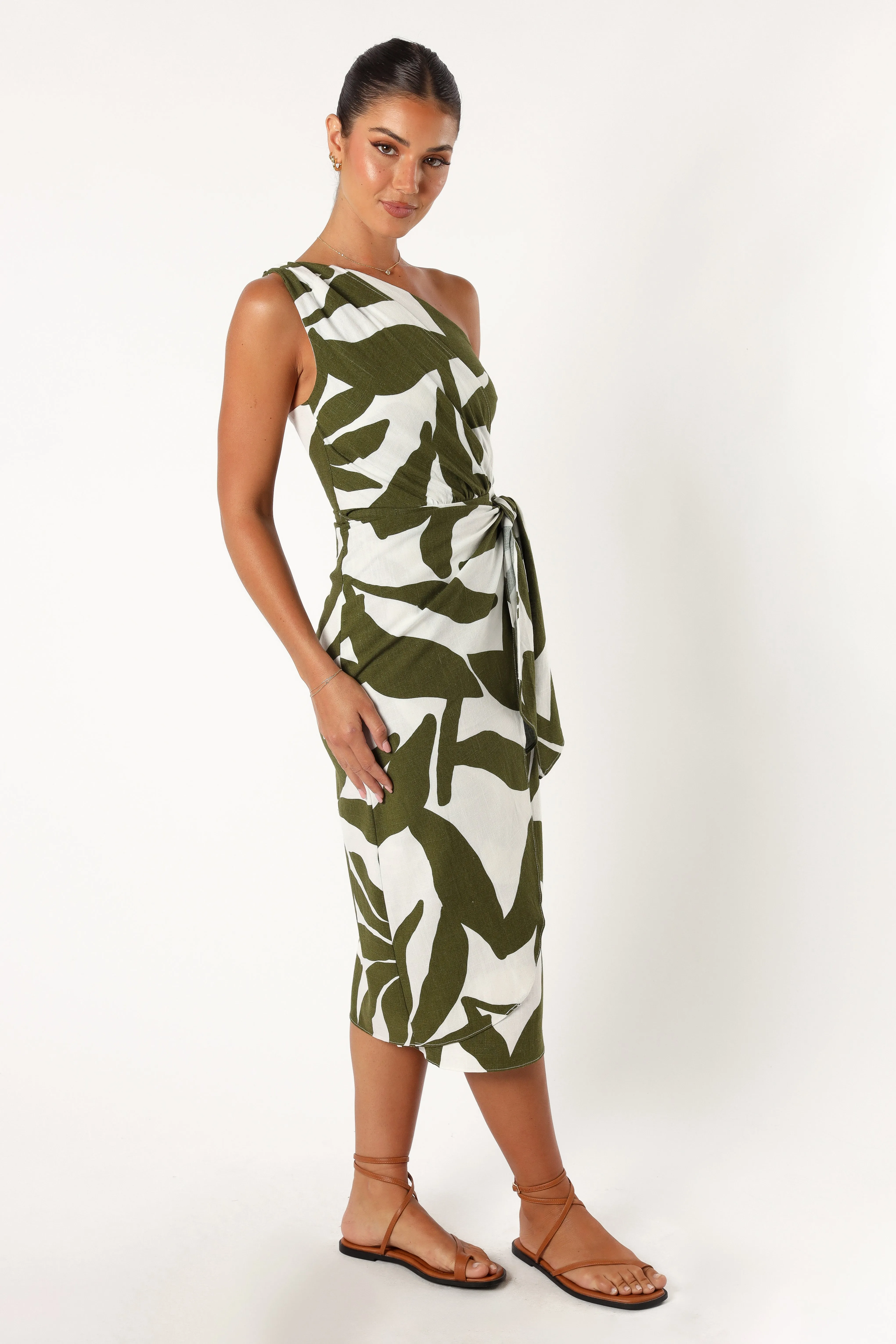 Zara One Shoulder Midi Dress - Olive Palm