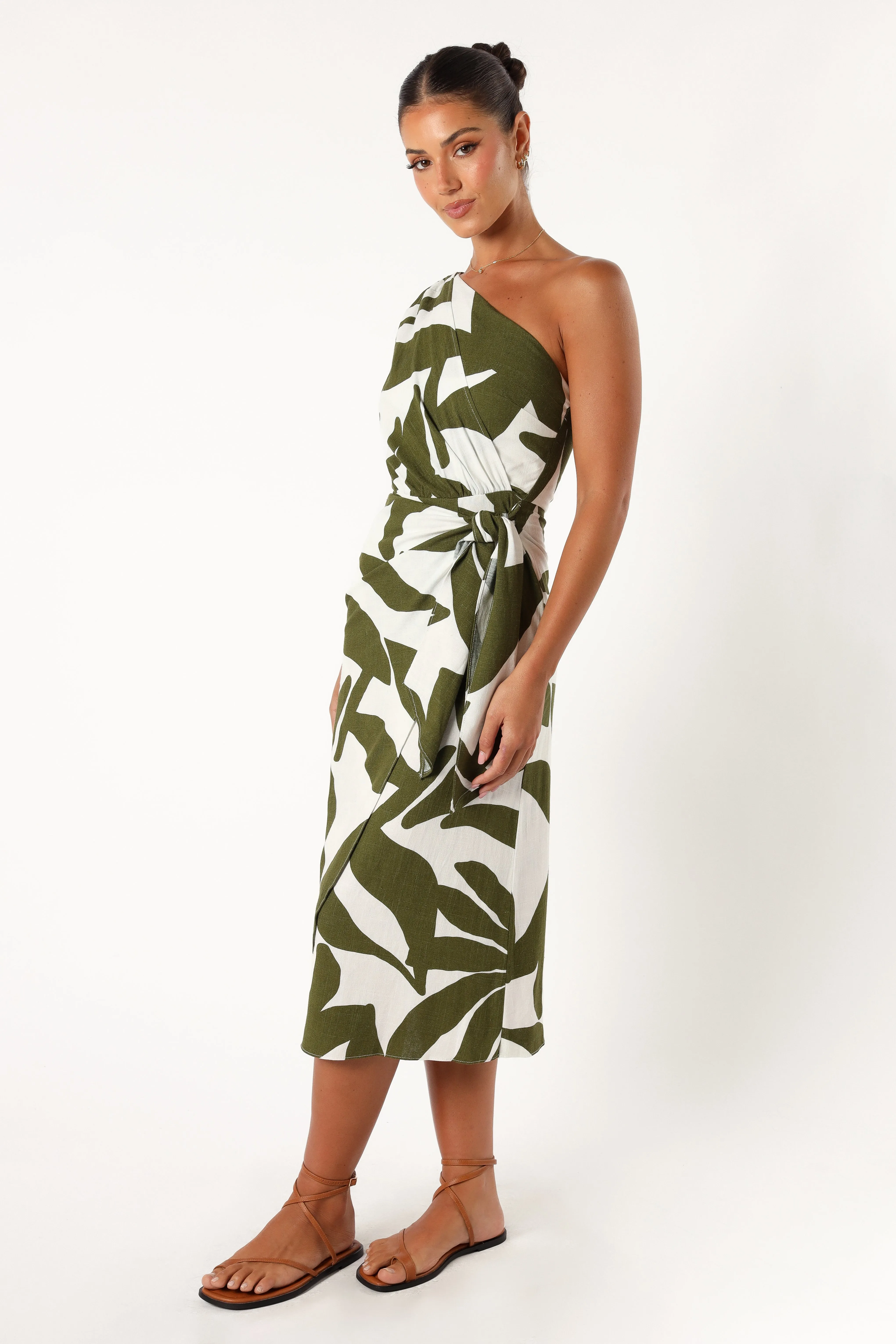 Zara One Shoulder Midi Dress - Olive Palm