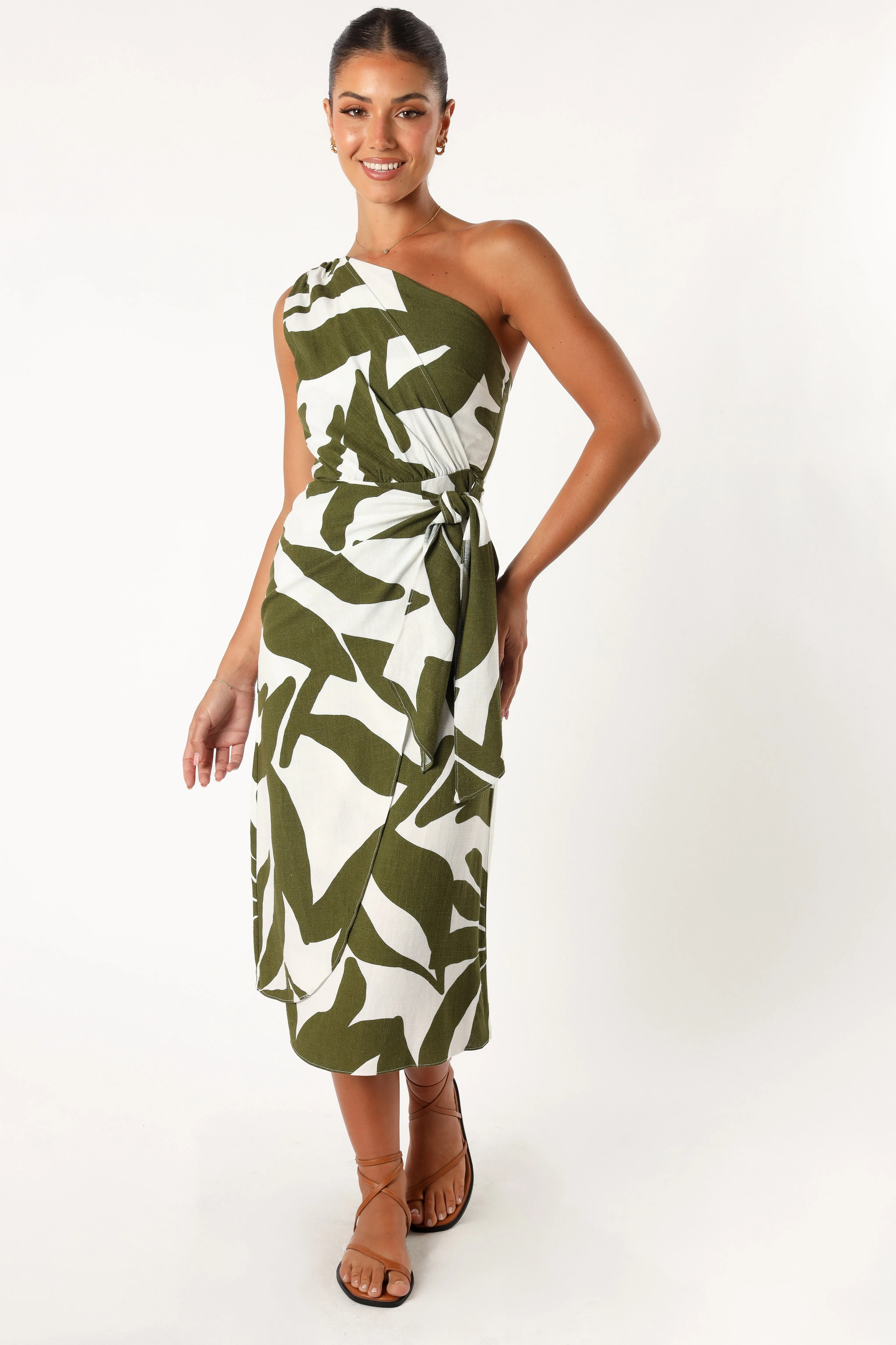 Zara One Shoulder Midi Dress - Olive Palm