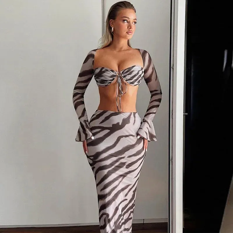 Zebra Print Y2K Skirt Set with Long Sleeve Crop Top and Maxi Dress