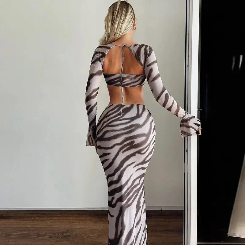 Zebra Print Y2K Skirt Set with Long Sleeve Crop Top and Maxi Dress