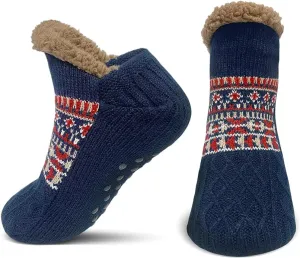 ZFSOCK Slipper Socks for Men Thick Thermal Fuzzy Socks Winter Soft Warm Fleece Fluffy Socks with Non Skid Gripper Christmas Gift,Navy Blue Size 11-13