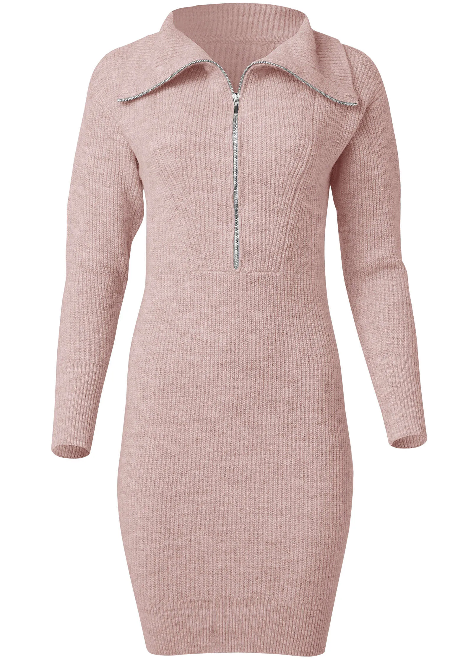 Zip Front Sweater Dress  - Tan